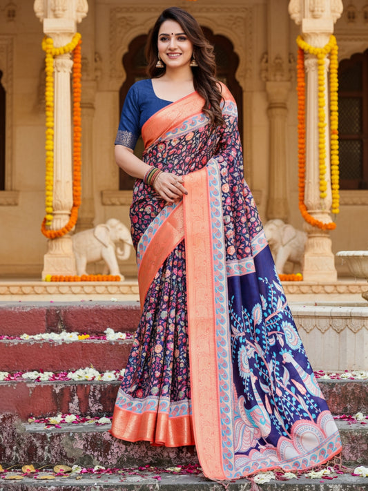Orange Blue Tussar Silk Saree For Women | Digital Print Party Wear Saree