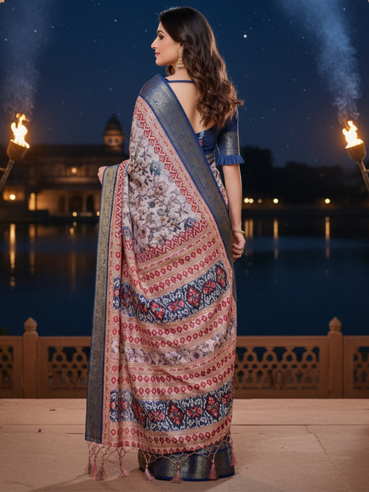 Cream Red Tussar Silk Saree For Women | Digital Print Party Wear Saree