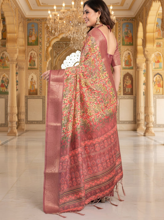 Yellow Orange Linen Cotton Saree For Women | Digital Print Party Wear Saree