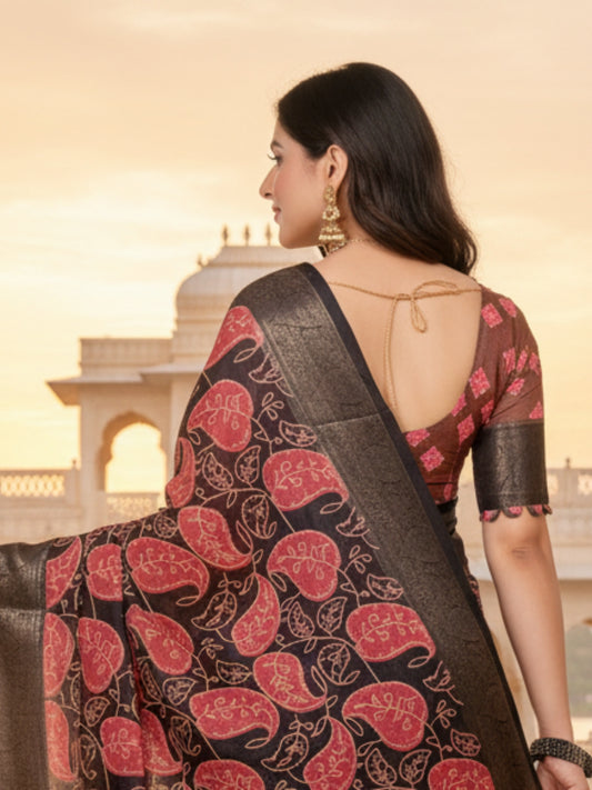 Black Pink Linen Cotton Saree For Women | Digital Print Party Wear Saree