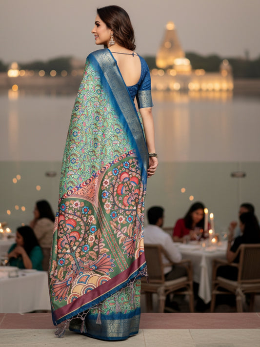 Blue Green Tussar Silk Saree For Women | Digital Print Party Wear Saree