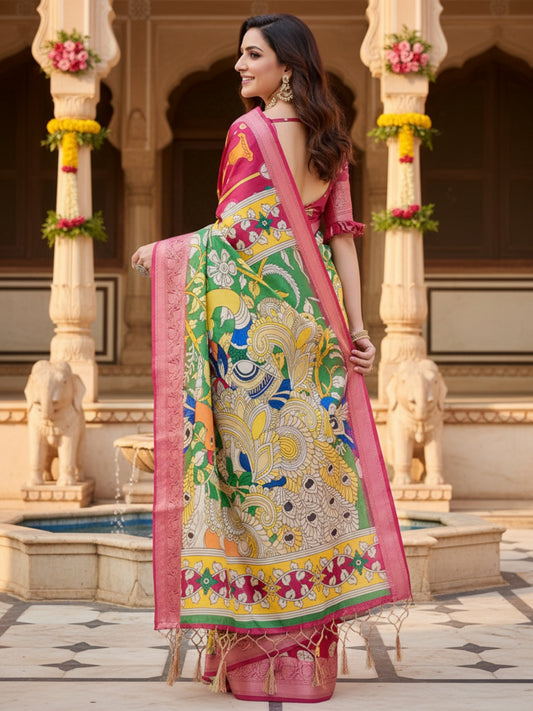 Red Tussar Silk Saree For Women | Digital Print Party Wear Saree