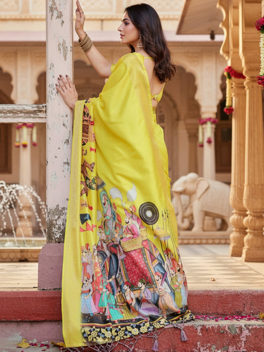 Yellow Tussar Silk Saree For Women | Digital Print Party Wear Saree