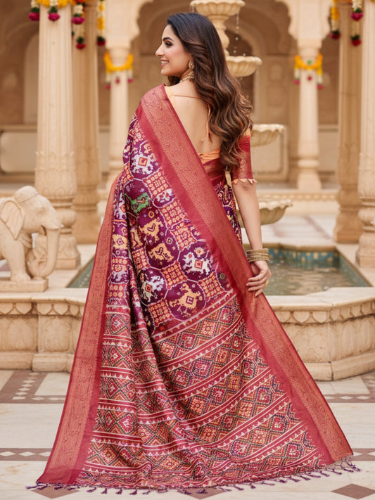 Red Tussar Silk Saree For Women | Digital Print Party Wear Saree