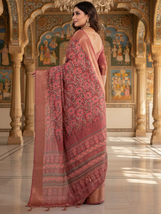 Red Linen Cotton Saree For Women | Digital Print Party Wear Saree