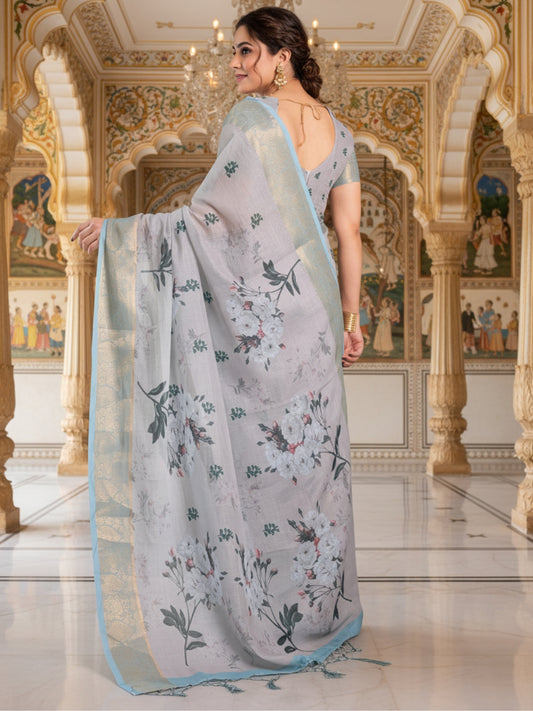 Grey Linen Cotton Saree For Women | Digital Print Party Wear Saree