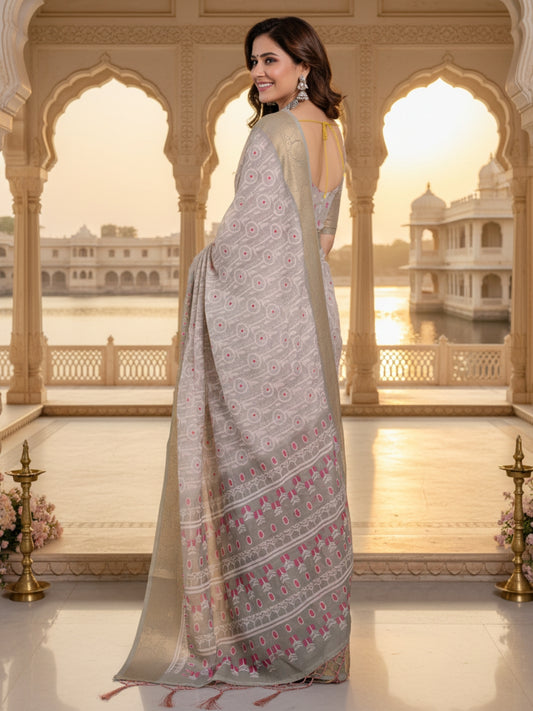 Grey Linen Cotton Saree For Women | Digital Print Party Wear Saree