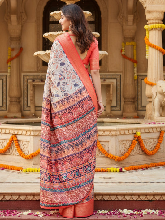 Orange White Tussar Silk Saree For Women | Digital Print Party Wear Saree