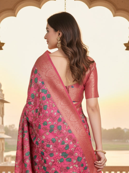 Pink Linen Cotton Saree For Women | Digital Print Party Wear Saree