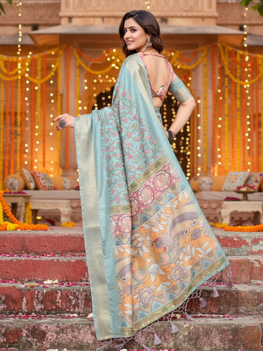 Light Green Tussar Silk Saree For Women | Digital Print Party Wear Saree