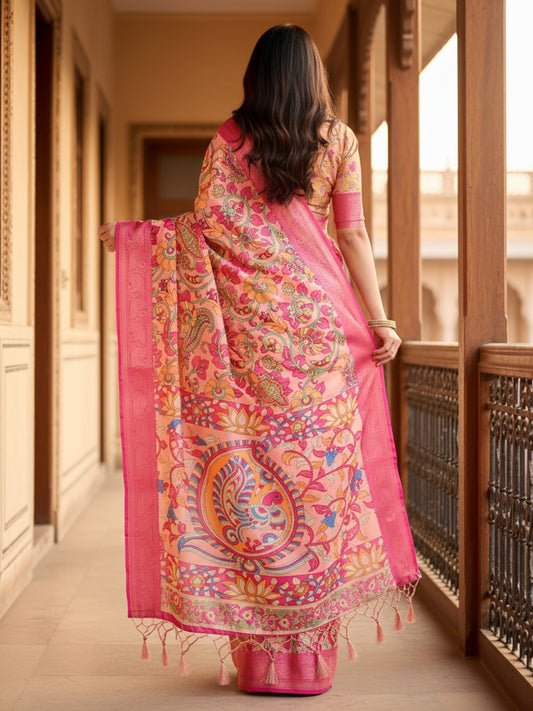 Peach Orange Tussar Silk Saree For Women | Digital Print Party Wear Saree