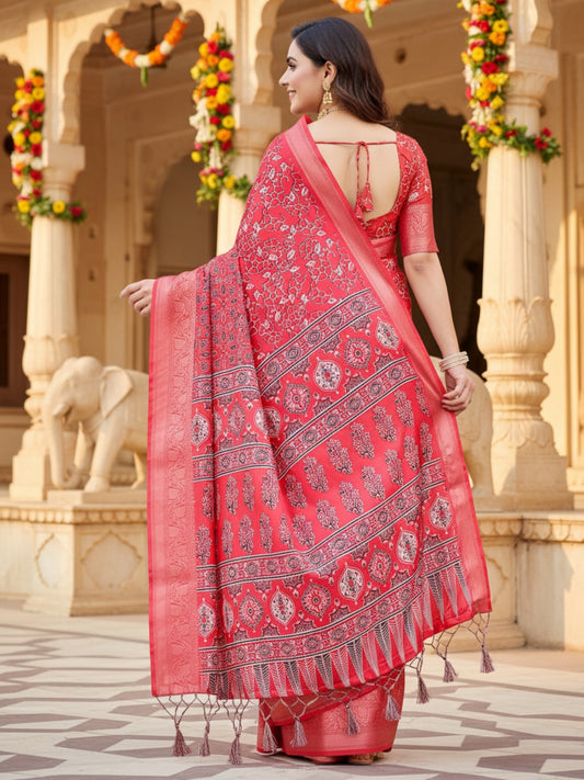 Red Tussar Silk Saree For Women | Digital Print Party Wear Saree