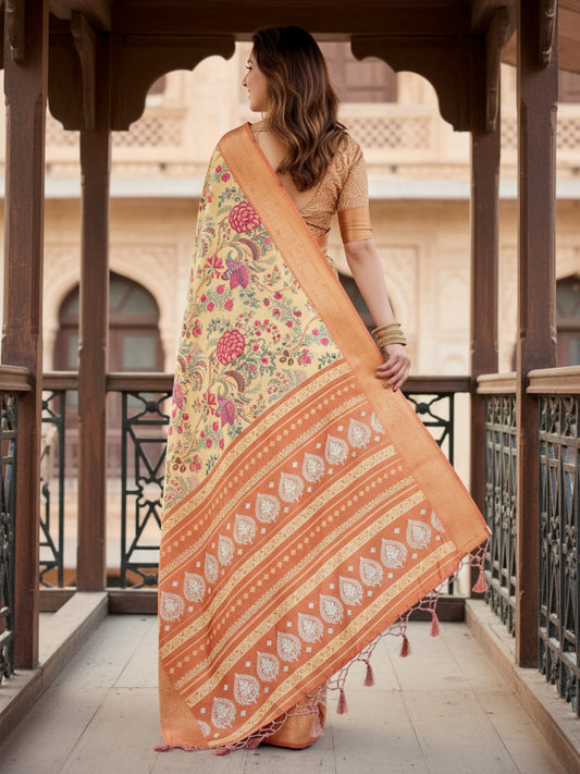 Orange Tussar Silk Saree For Women | Digital Print Party Wear Saree