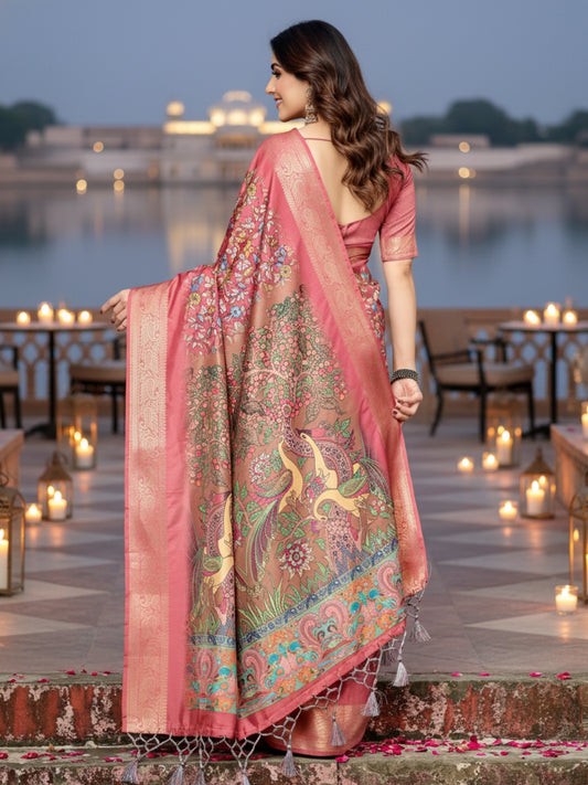 Brown Tussar Silk Saree For Women | Digital Print Party Wear Saree