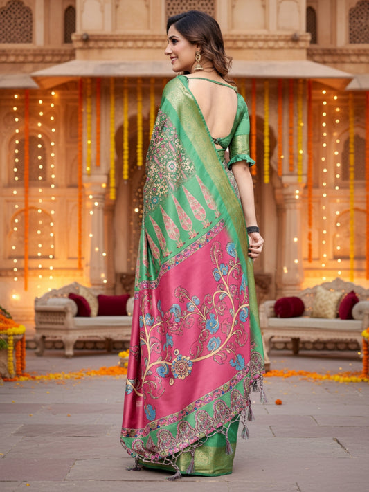 Green Tussar Silk Saree For Women | Digital Print Party Wear Saree