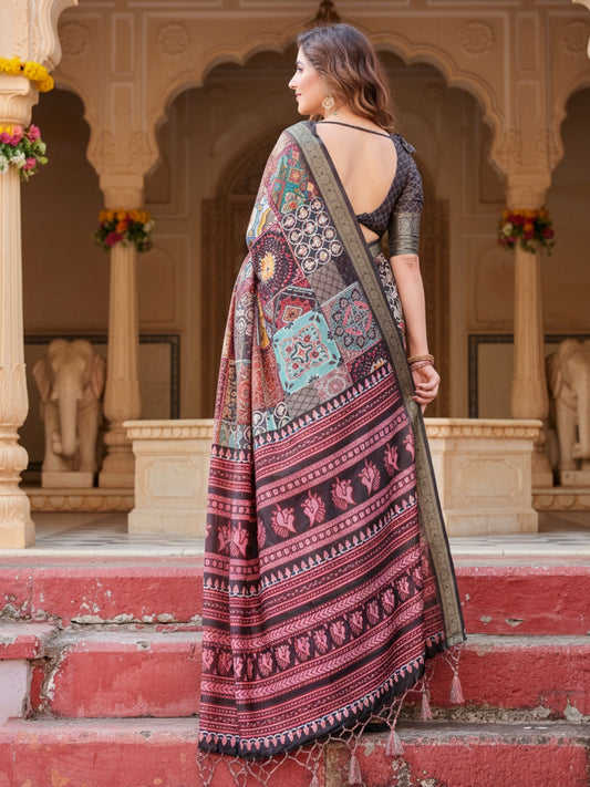 Green Brown Tussar Silk Saree For Women | Digital Print Party Wear Saree