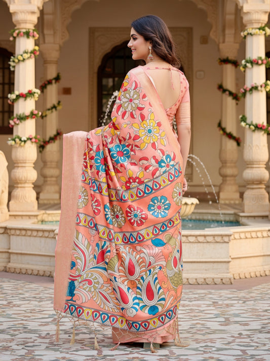 Orange Tussar Silk Saree For Women | Digital Print Party Wear Saree