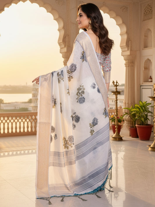 Cream Linen Cotton Saree For Women | Digital Print Party Wear Saree