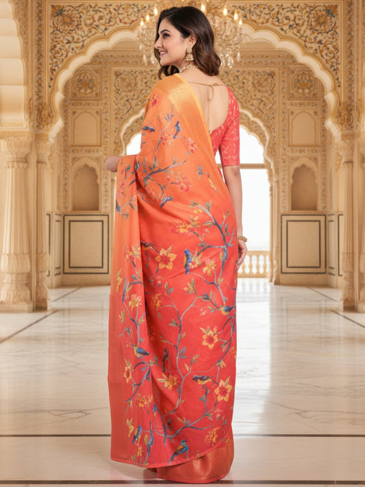 Orange Linen Cotton Saree For Women | Digital Print Party Wear Saree