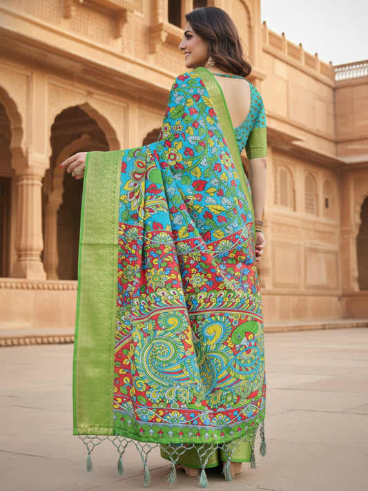 Green Tussar Silk Saree For Women | Digital Print Party Wear Saree