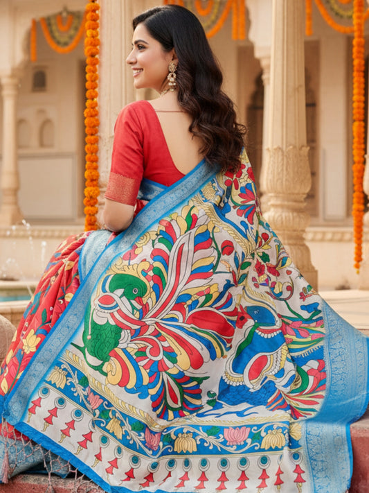 Blue Red Tussar Silk Saree For Women | Digital Print Party Wear Saree