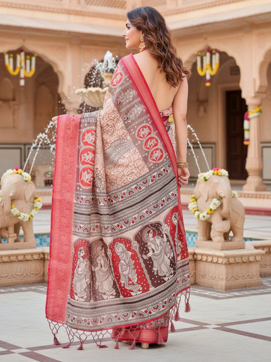 Red Grey Tussar Silk Saree For Women | Digital Print Party Wear Saree