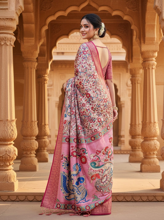Pink Tussar Silk Saree For Women | Digital Print Party Wear Saree