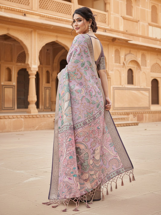 Peach Tussar Silk Saree For Women | Digital Print Party Wear Saree