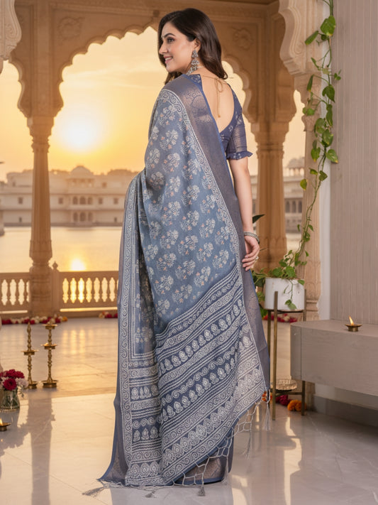 Blue Linen Cotton Saree For Women | Digital Print Party Wear Saree