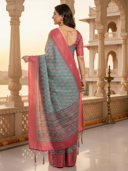 Green Pink Linen Cotton Saree For Women | Digital Print Party Wear Saree