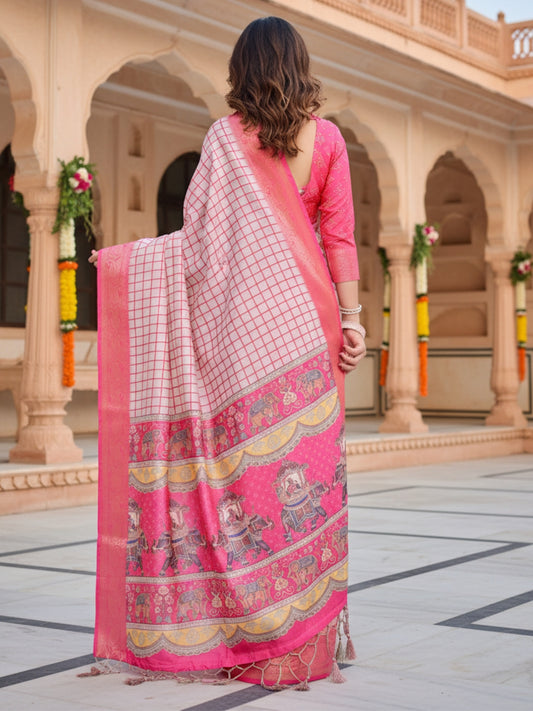White Pink Tussar Silk Saree For Women | Digital Print Party Wear Saree