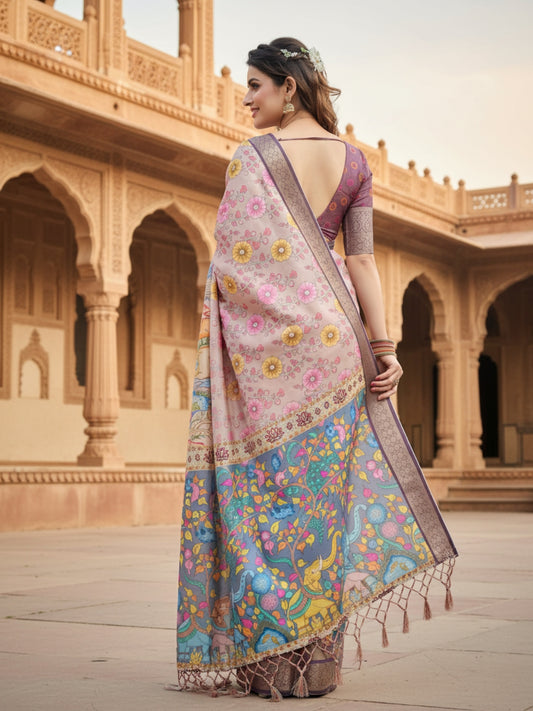 Peach Green Tussar Silk Saree For Women | Digital Print Party Wear Saree