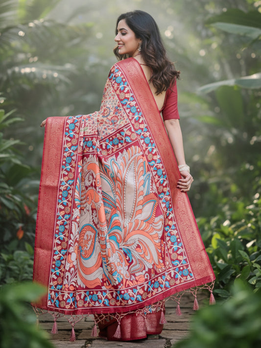 Brown Tussar Silk Saree For Women | Digital Print Party Wear Saree
