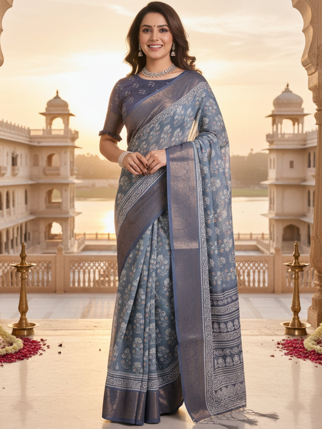 Blue Linen Cotton Saree For Women | Digital Print Party Wear Saree