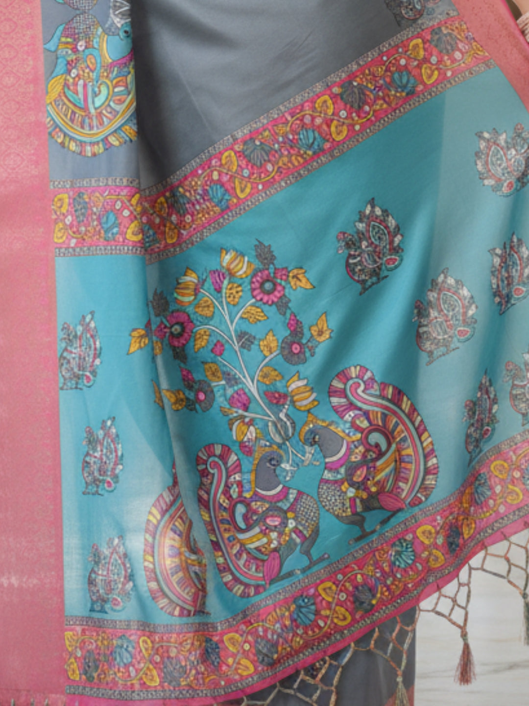 Blue Tussar Silk Saree For Women | Digital Print Party Wear Saree