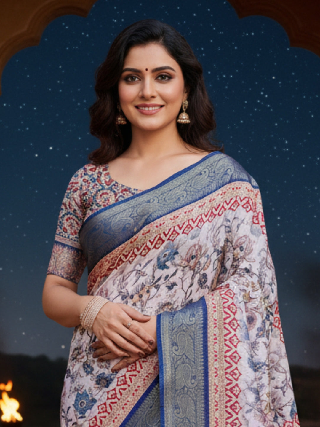 Cream Red Tussar Silk Saree For Women | Digital Print Party Wear Saree