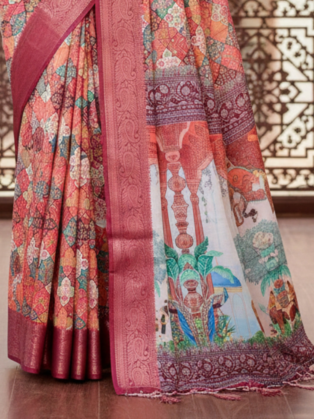 Peach Tussar Silk Saree For Women | Digital Print Party Wear Saree