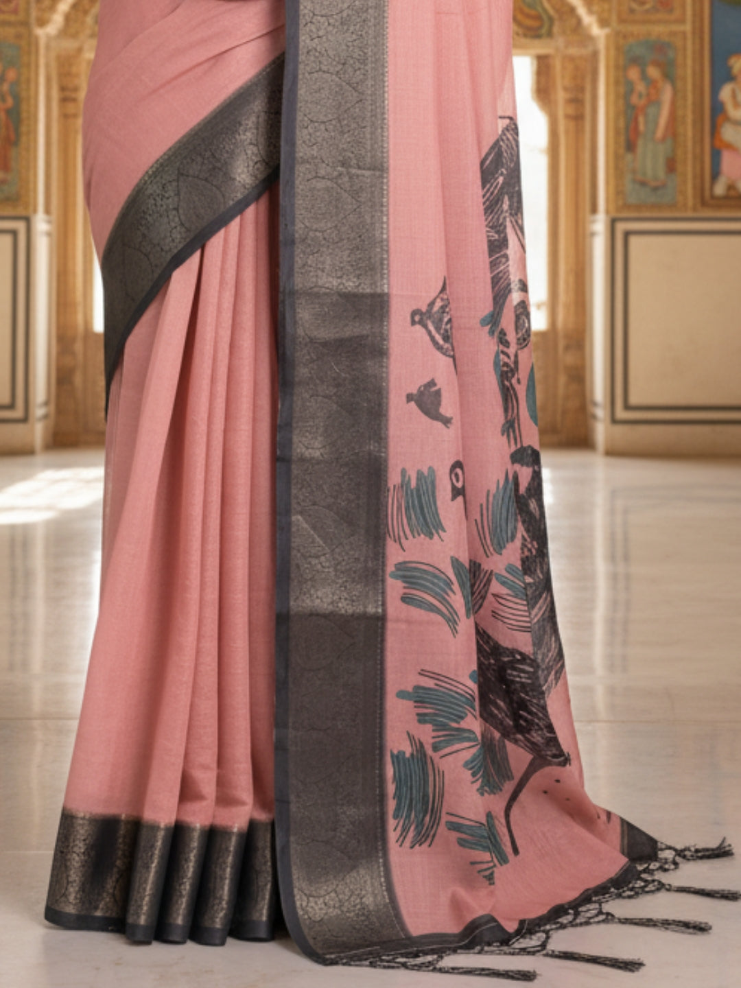 Rust Linen Cotton Saree For Women | Digital Print Party Wear Saree
