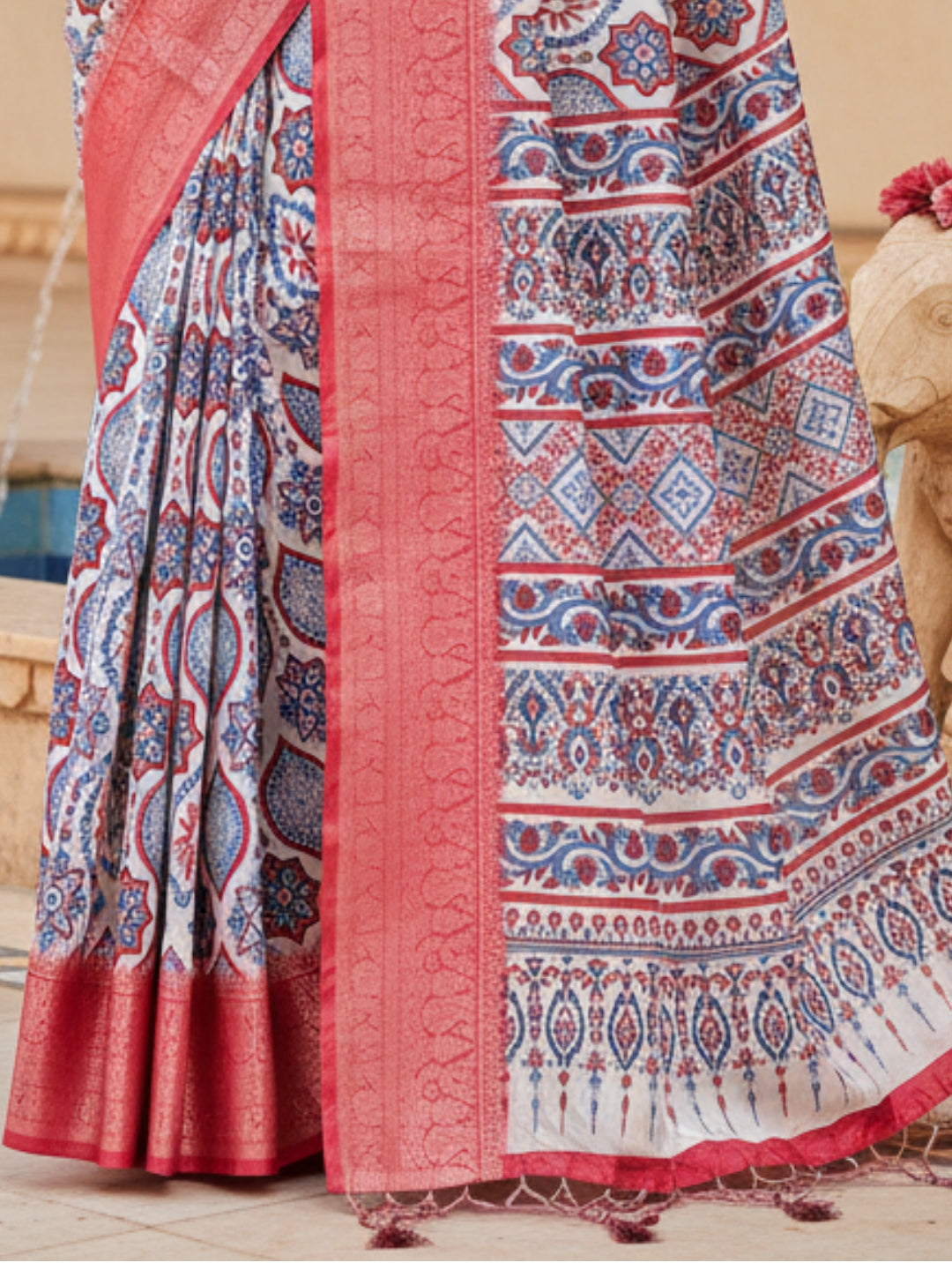 Red White Tussar Silk Saree For Women | Digital Print Party Wear Saree