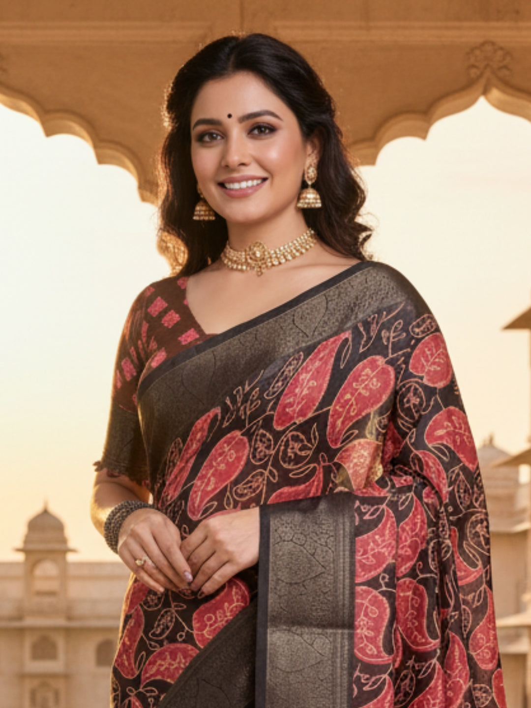 Black Pink Linen Cotton Saree For Women | Digital Print Party Wear Saree