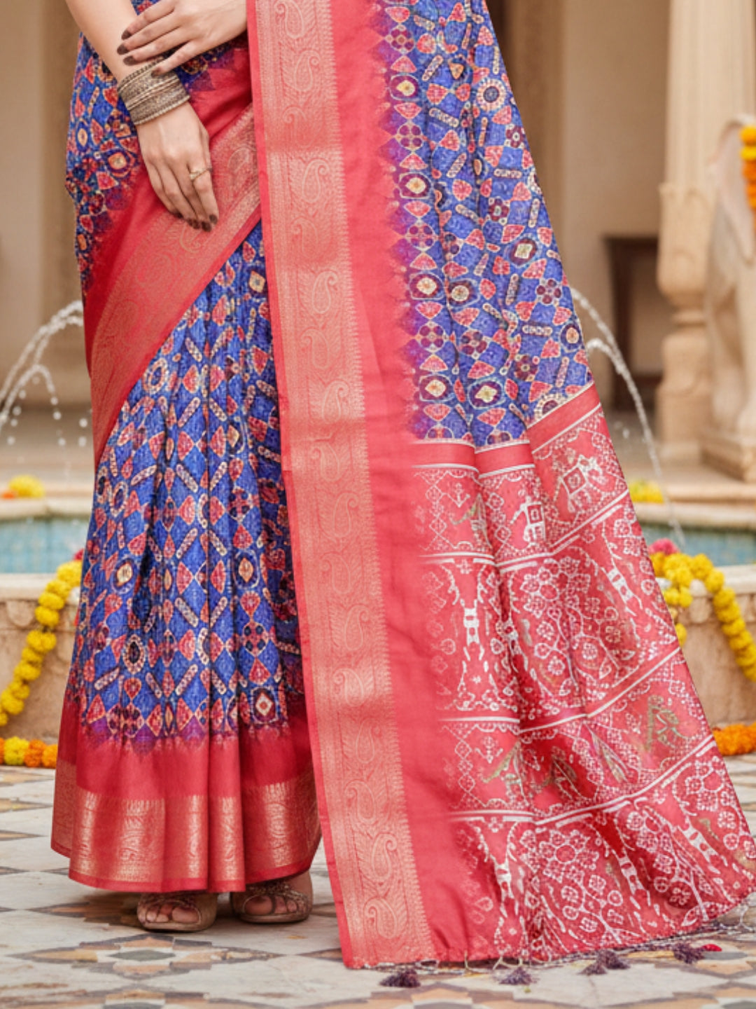 Blue Red Tussar Silk Saree For Women | Digital Print Party Wear Saree
