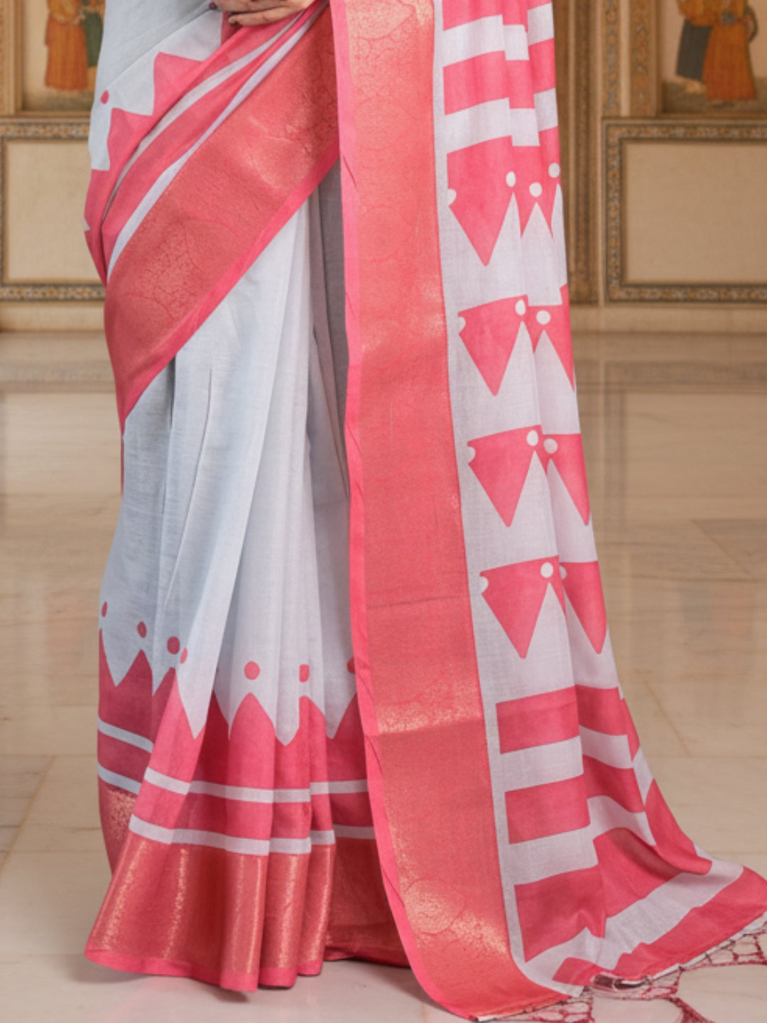 Grey Pink Linen Cotton Saree For Women | Digital Print Party Wear Saree