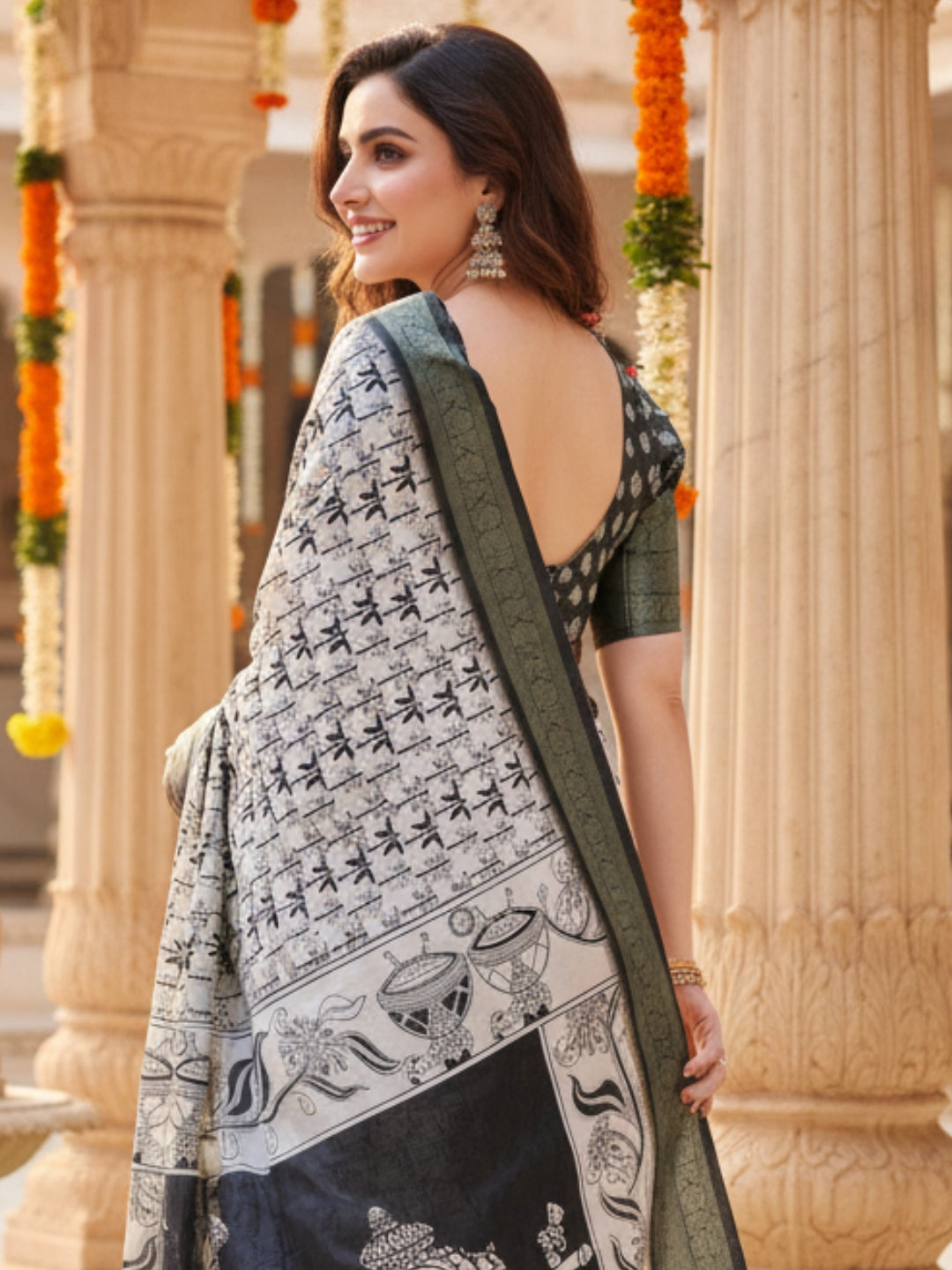 Green White Tussar Silk Saree For Women | Digital Print Party Wear Saree