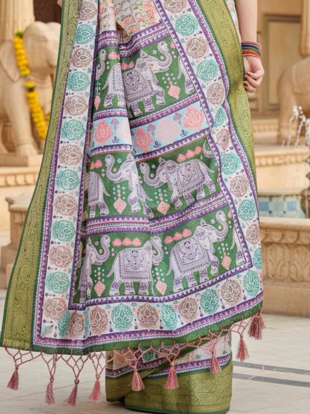 Green White Tussar Silk Saree For Women | Digital Print Party Wear Saree