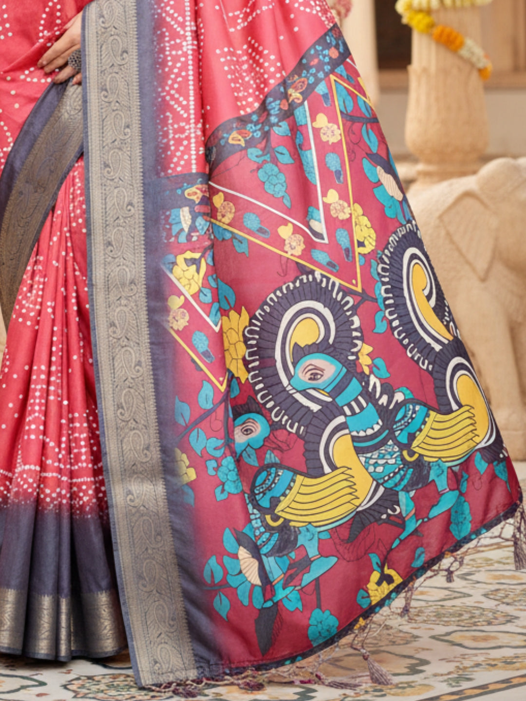 Red Tussar Silk Saree For Women | Digital Print Party Wear Saree