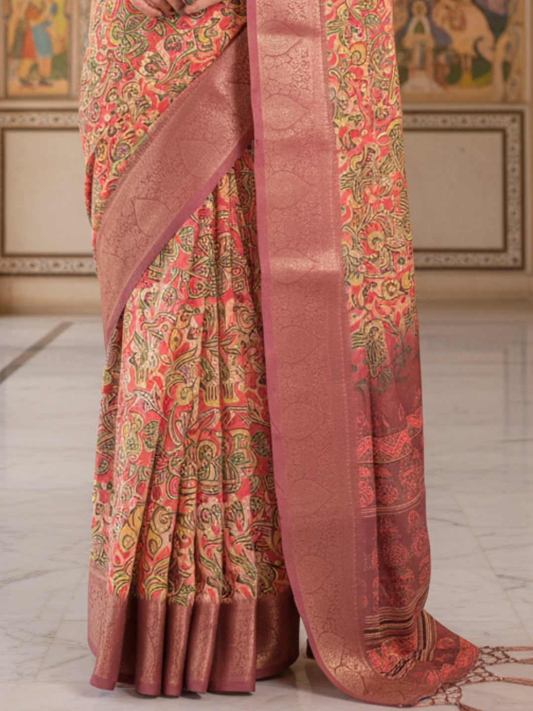 Yellow Orange Linen Cotton Saree For Women | Digital Print Party Wear Saree
