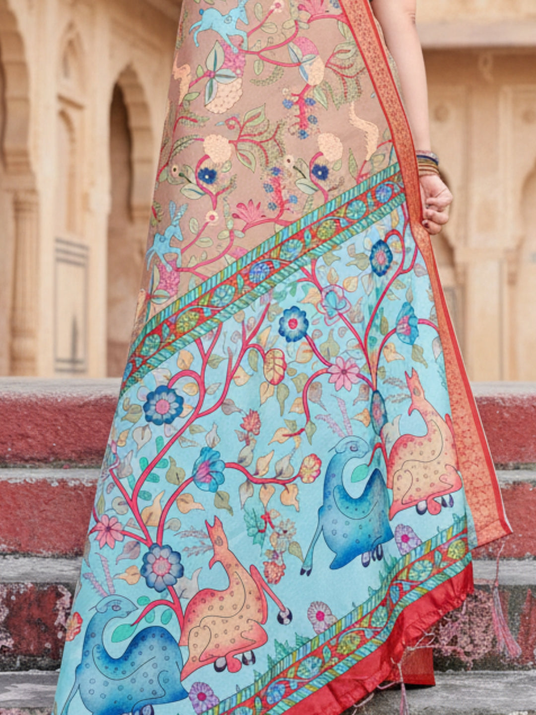 Orange Red Tussar Silk Saree For Women | Digital Print Party Wear Saree