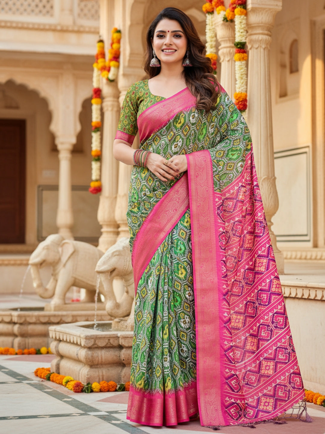 Green Pink Tussar Silk Saree For Women | Digital Print Party Wear Saree