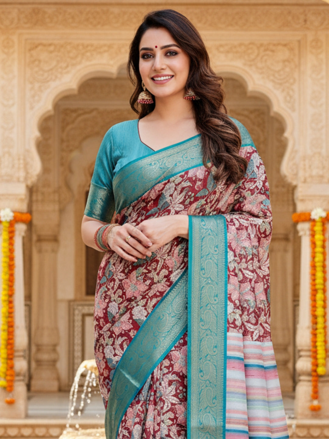 Teal Brown Tussar Silk Saree For Women | Digital Print Party Wear Saree
