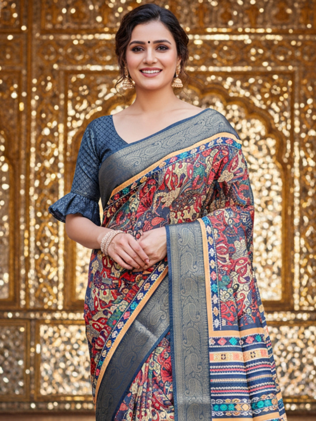 Blue Tussar Silk Saree For Women | Digital Print Party Wear Saree